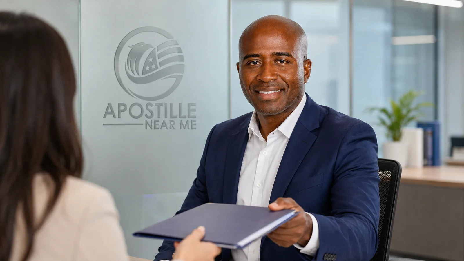 Frank Metayer, founder of Apostille Near Me, handing a completed apostille to a client at the San Diego office